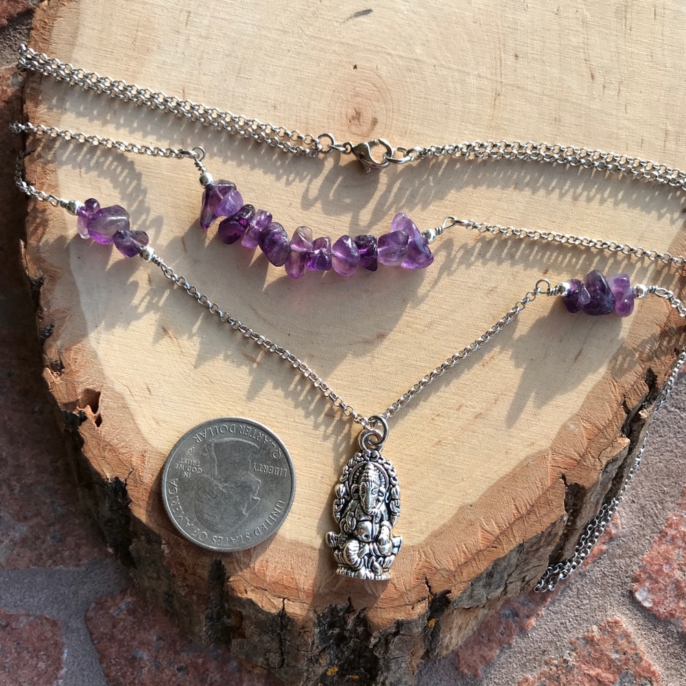 Amethyst ganesh necklace . Double layer Boho amethyst gemstones silver Ganesh - Picture 7 of 8